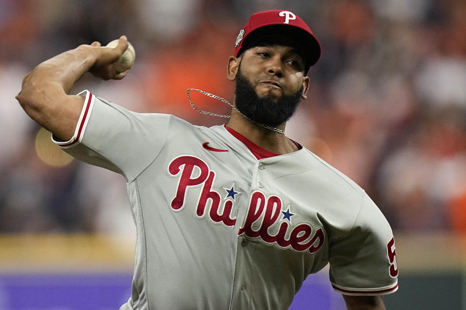 Philadelphia Phillies relief pitcher Seranthony Dominguez throws during the ninth inning in Game 1 of baseball's World Series between the Houston Astros and the Philadelphia Phillies on Friday, Oct. 28, 2022, in Houston. (AP Photo/Eric Gay)