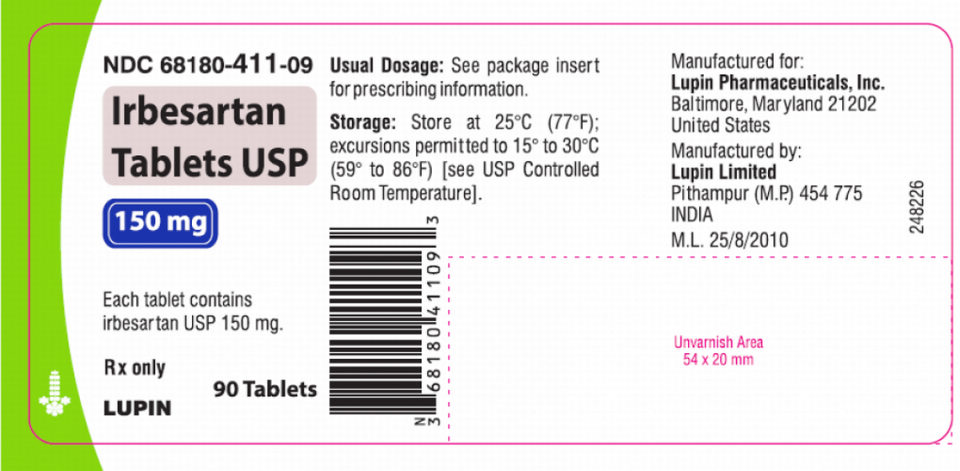 The label for recalled 90-count bottles of Lupin’s Irbesartan 150 mg