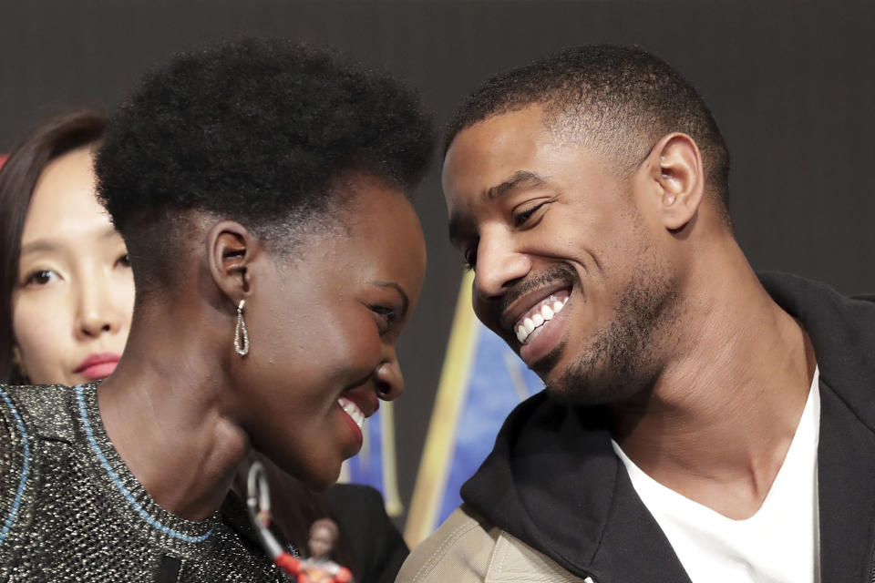 Lupita Nyong'o and Michael B. Jordan at the South Korean premiere of "Black Panther" on Feb. 5. (Photo: Han Myung-Gu via Getty Images)