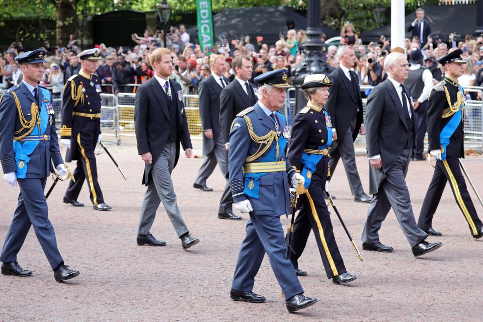 LONDON, ENGLAND - SEPTEMBER 14: Prince William, Prince of Wales, Vice Admiral, Sir Timothy Lawrence, Prince Harry, Duke of Sussex, Mr Peter Phillips, King Charles III, Princess Anne, Princess Royal, Prince Andrew, Duke of York and Prince Edward, Earl of Wessex walk behind the coffin during the procession for the Lying-in State of Queen Elizabeth II on September 14, 2022 in London, England. Queen Elizabeth II's coffin is taken in procession on a Gun Carriage of The King's Troop Royal Horse Artillery from Buckingham Palace to Westminster Hall where she will lay in state until the early morning of her funeral. Queen Elizabeth II died at Balmoral Castle in Scotland on September 8, 2022, and is succeeded by her eldest son, King Charles III.