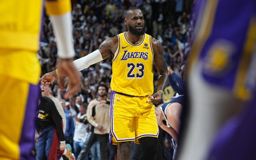 Lakers forward LeBron James points and gestures as time runs out during a Game 5 playoff loss to the Nuggets