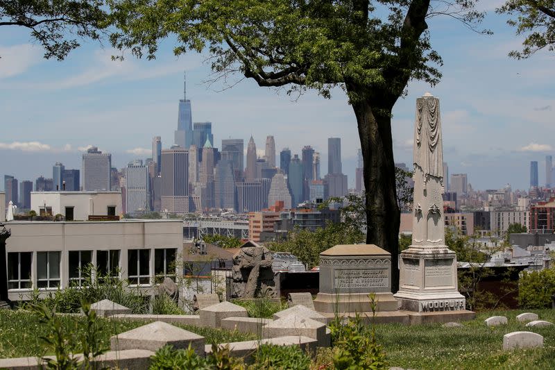 A view of One World Trade Center and lower Manhattan from The Green-Wood Cemetery, during the outbreak of the coronavirus disease (COVID-19) in Brooklyn, New York