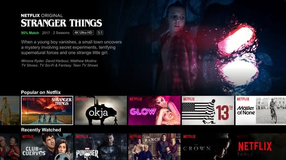 The Netflix home screen that features an ad for the TV show "Stranger Things."