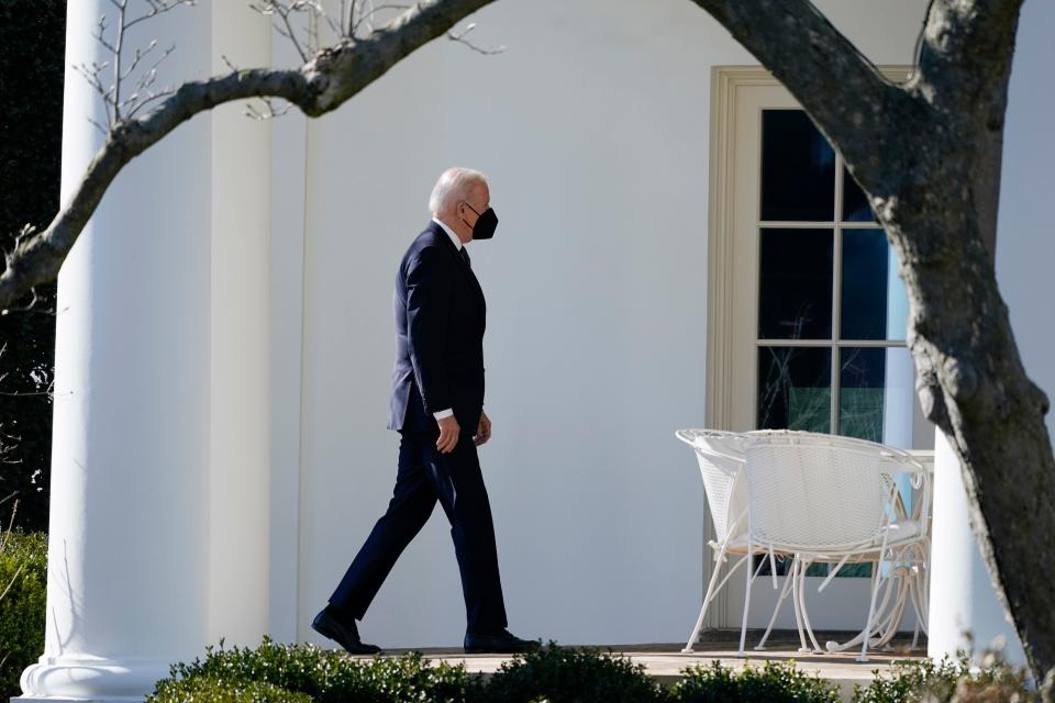 President Joe Biden arrives at the White House after speaking at the National Association of Counties 2022 Legislative Conference, on Feb. 15, 2022, in Washington. He was scheduled to make remarks on Russia and Ukraine following his return.