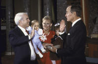 <p>Vice President George H.W. Bush re-enacting Senate swearing in with Sen. John S. McCain and his family. (Photo: Cynthia Johnson/The LIFE Images Collection/Getty Images) </p>
