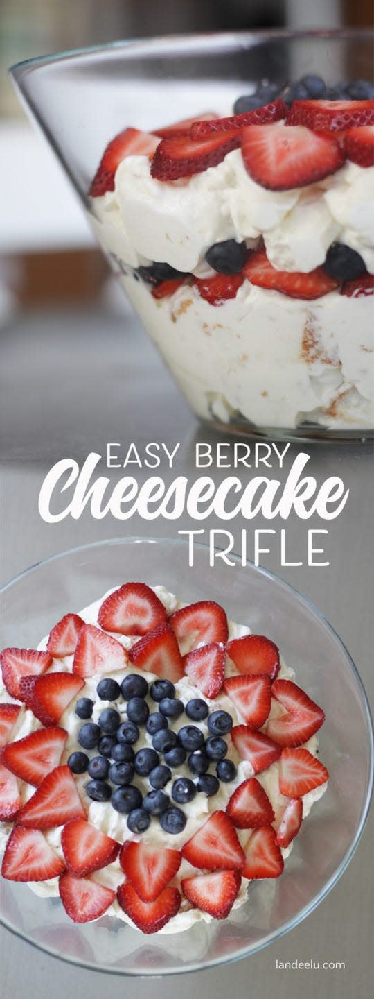 <p>Wow your guests with this easy-to-make red, white, and blue cheesecake creation. </p><p><strong><em>Get the tutorial from <a href="https://www.landeeseelandeedo.com/easy-berry-cheesecake-trifle-recipe/" rel="nofollow noopener" target="_blank" data-ylk="slk:Landeelu;elm:context_link;itc:0;sec:content-canvas" class="link ">Landeelu</a>. </em></strong></p>