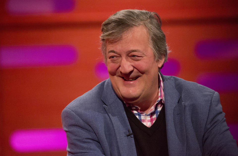 Stephen Fry during filming of the Graham Norton Show at The London Studios, to be aired on BBC One on Friday. PRESS ASSOCIATION. Picture date: Thursday November 30, 2017. Photo credit should read: Isabel Infantes/PA Wire (Photo by Isabel Infantes/PA Images via Getty Images)
