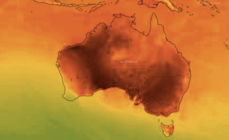 A map of Australia shows deep read in Australia's southeast. 