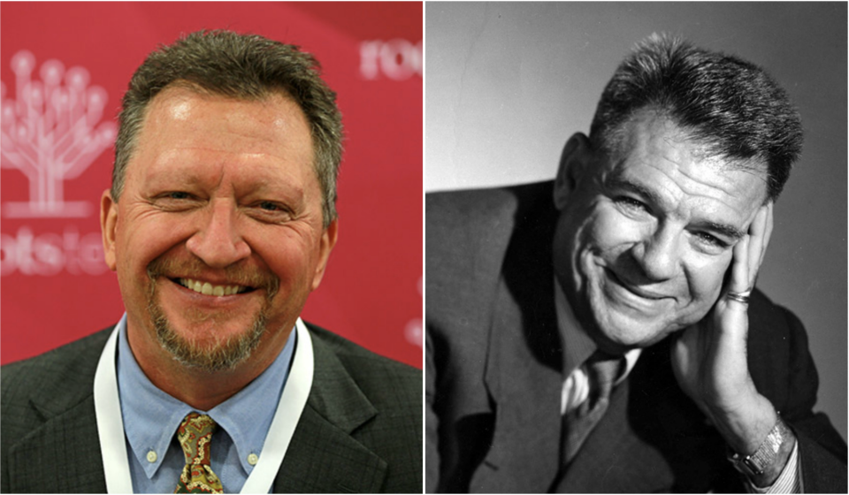This composite courtesy photo shows Oscar Andrew “Andy” Hammerstein III, left, who will give a talk at the Cape Cod Museum of Art about his famed grandfather, Broadway librettist & lyricist Oscar Hammerstein II, pictured at right.