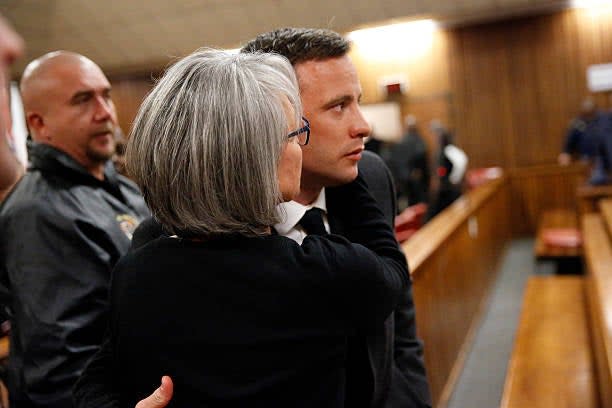 Olympic athlete Oscar Pistorius reacts after sentencing at the High Court on 6 July 2016 at the High Court in Pretoria, South Africa (Getty Images)