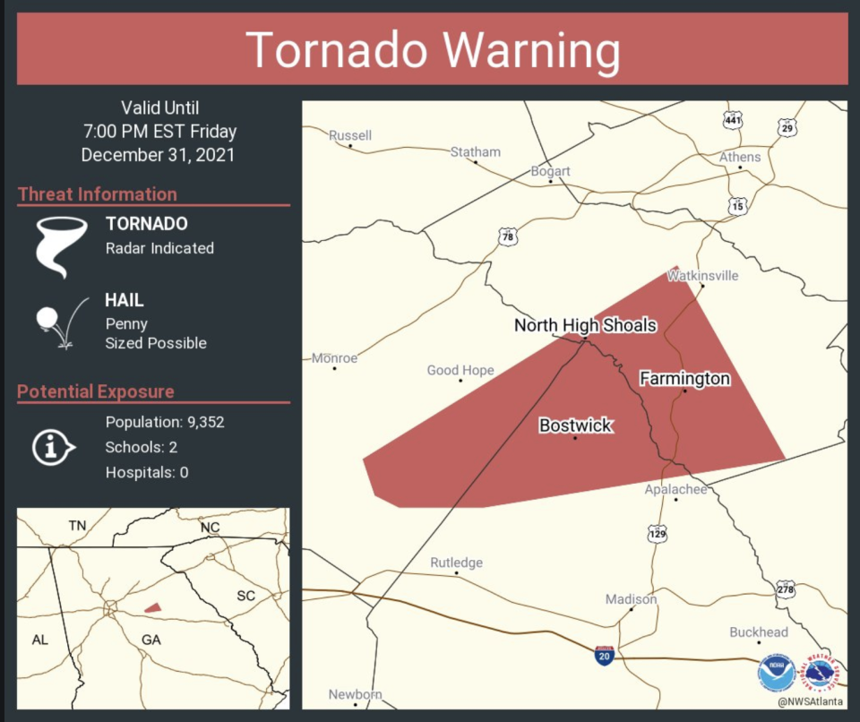 Tornado warning issued for southeastern Oconee County on December 31