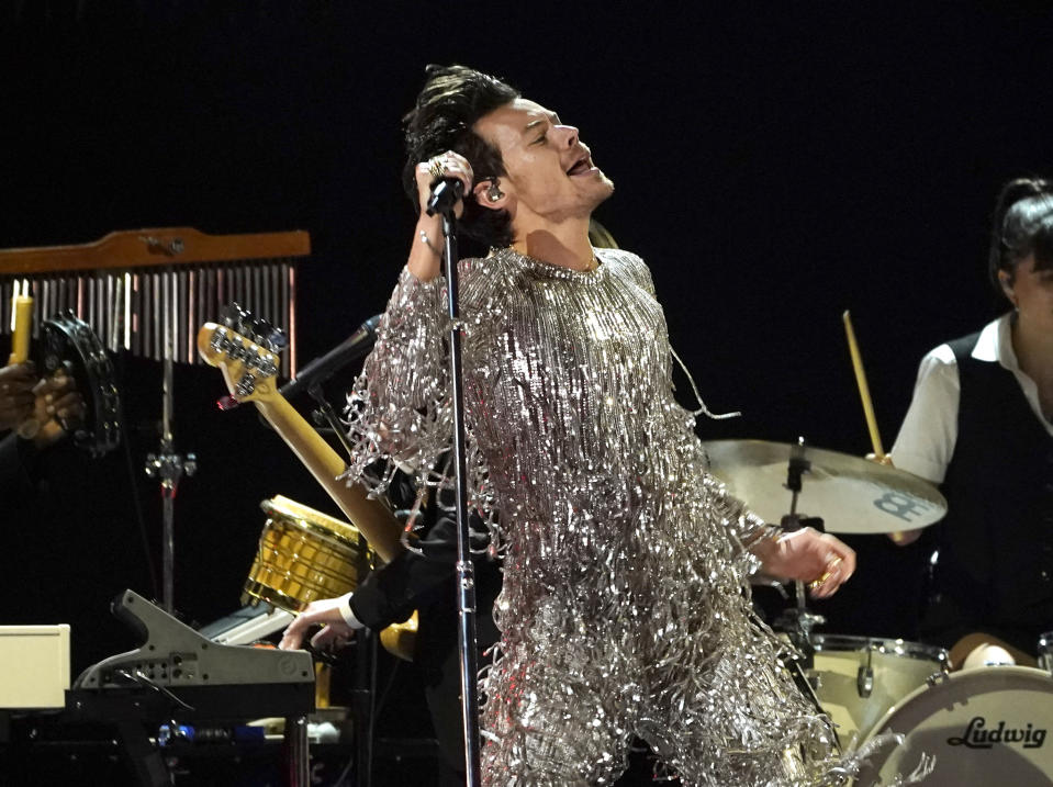 FILE - Harry Styles performs at the 65th annual Grammy Awards in Los Angeles on Feb. 5, 2023. The singer was hit in the eye by a projectile during a concert in November of 2022. (AP Photo/Chris Pizzello, File)