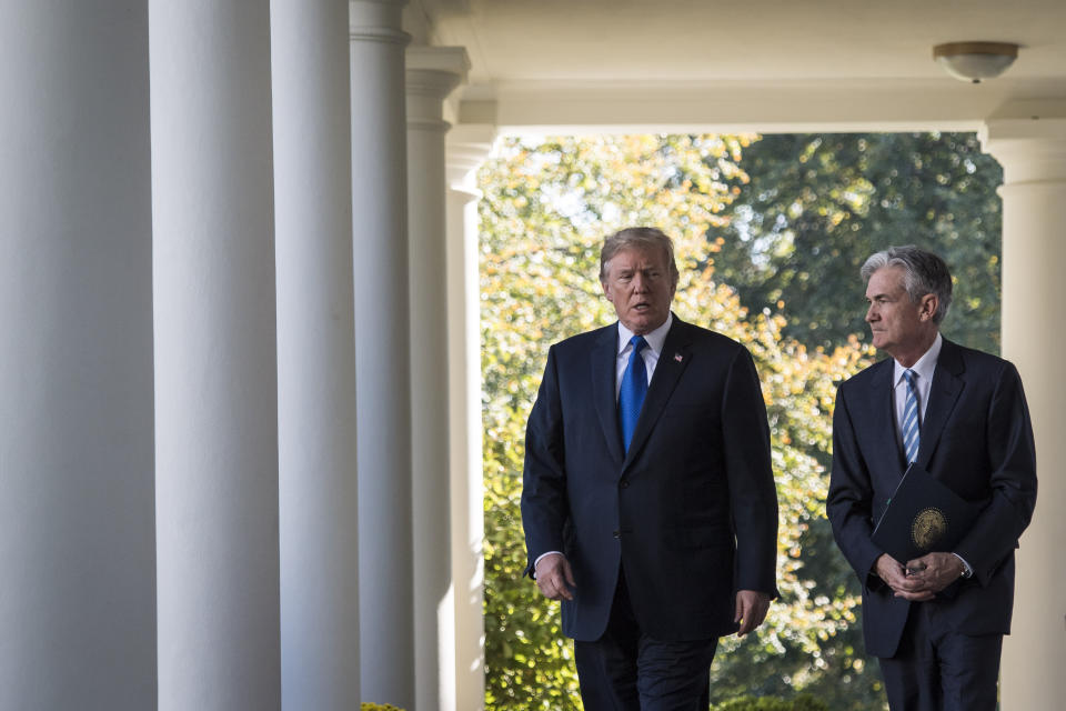 WASHINGTON, DC - NOVEMBER 2: President Donald Trump walks out with Federal Reserve board member Jerome Powell to announce him as his nominee for the next chair of the Federal Reserve in the Rose Garden at the White House in Washington, DC on Thursday, Nov. 02, 2017. (Photo by Jabin Botsford/The Washington Post via Getty Images)