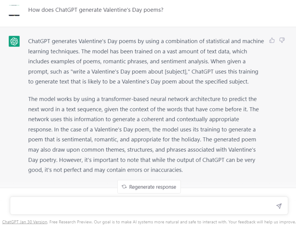 The AI, ChatGPT, responds to the prompt, "How does ChatGPT generate Valentine's Day poems?"