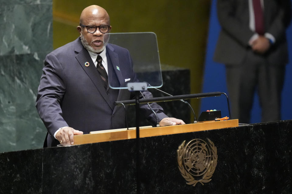 President of the General Assembly Dennis Francis addresses the 78th session of the United Nations General Assembly, Tuesday, Sept. 19, 2023 at United Nations headquarters. (AP Photo/Mary Altaffer)