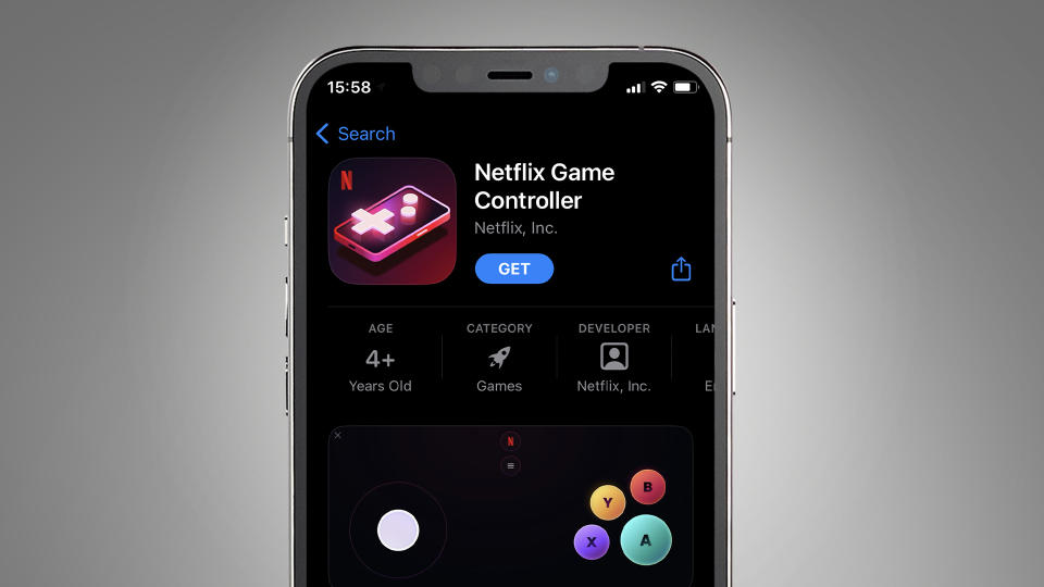 A phone screen on a grey background showing the download page for the Netflix Game Controller app in the Apple App Store