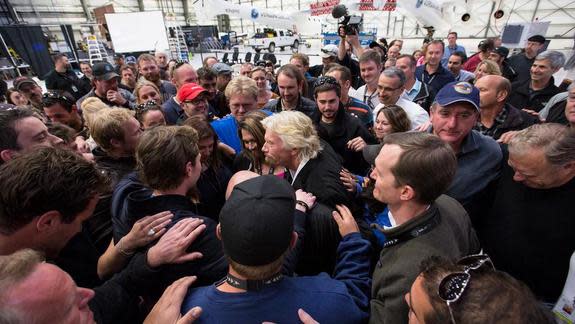 Sir Richard Branson, founder of Virgin Galactic, meets with company staff and that of The Spaceship Company and Scaled Composites