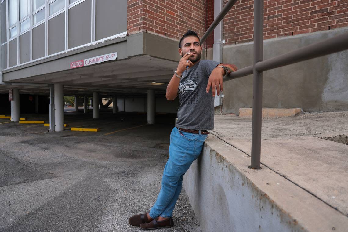 Joryi Perez, a recently arrived Venezuelan migrant, stands a few blocks from the shelter in the area where he and two friends were approached by a recruiter working for Gov. Ron DeSantis’ secret migrant relocation program.