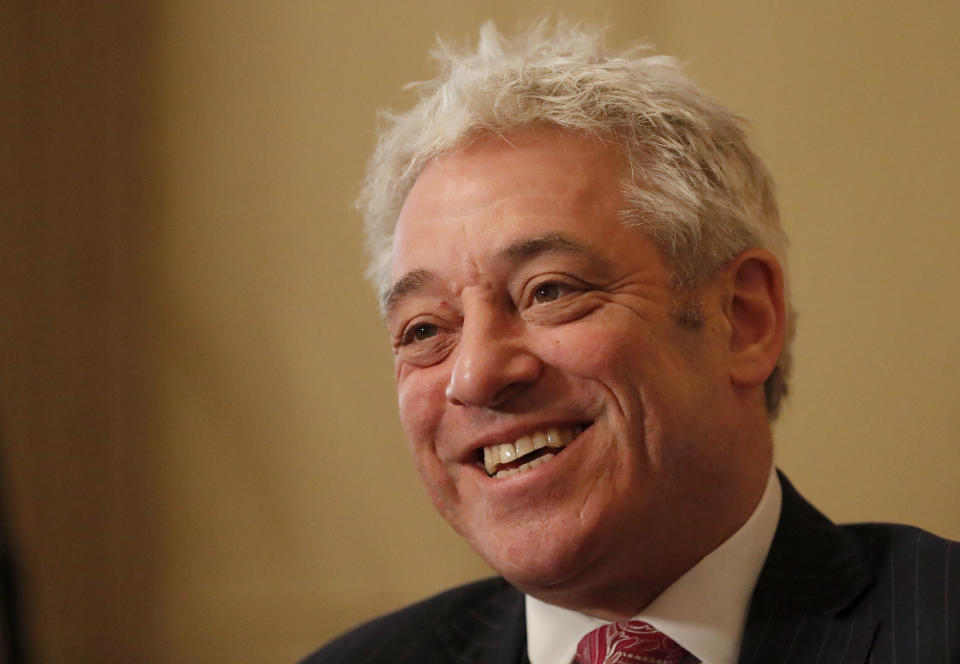 Former British House of Commons speaker, John Bercow, speaks during an interview with Associated Press in London, Thursday, Nov. 7, 2019. John Bercow says Brexit is a historic mistake and the country should not be bound by the close 2016 vote to leave the European Union. (AP Photo/Frank Augstein)