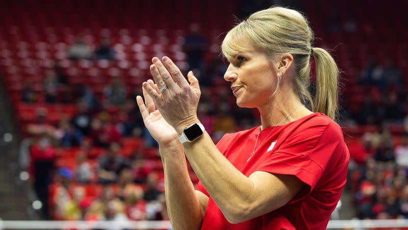 Utah gymnastics coach Carly Dockendorf claps during the Red Rocks Preview at the Huntsman Center in Salt Lake City on Friday, Dec. 15, 2023.