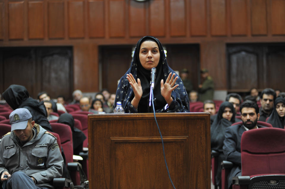 Reyhaneh Jabbari testifies in an Iranian court after being accused of premeditated murder.