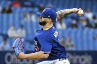 Toronto Blue Jays' Alek Manoah pitches in the first inning of a baseball game against the Tampa Bay Rays in Toronto on Monday, Sept. 13, 2021. (Jon Blacker/The Canadian Press via AP)