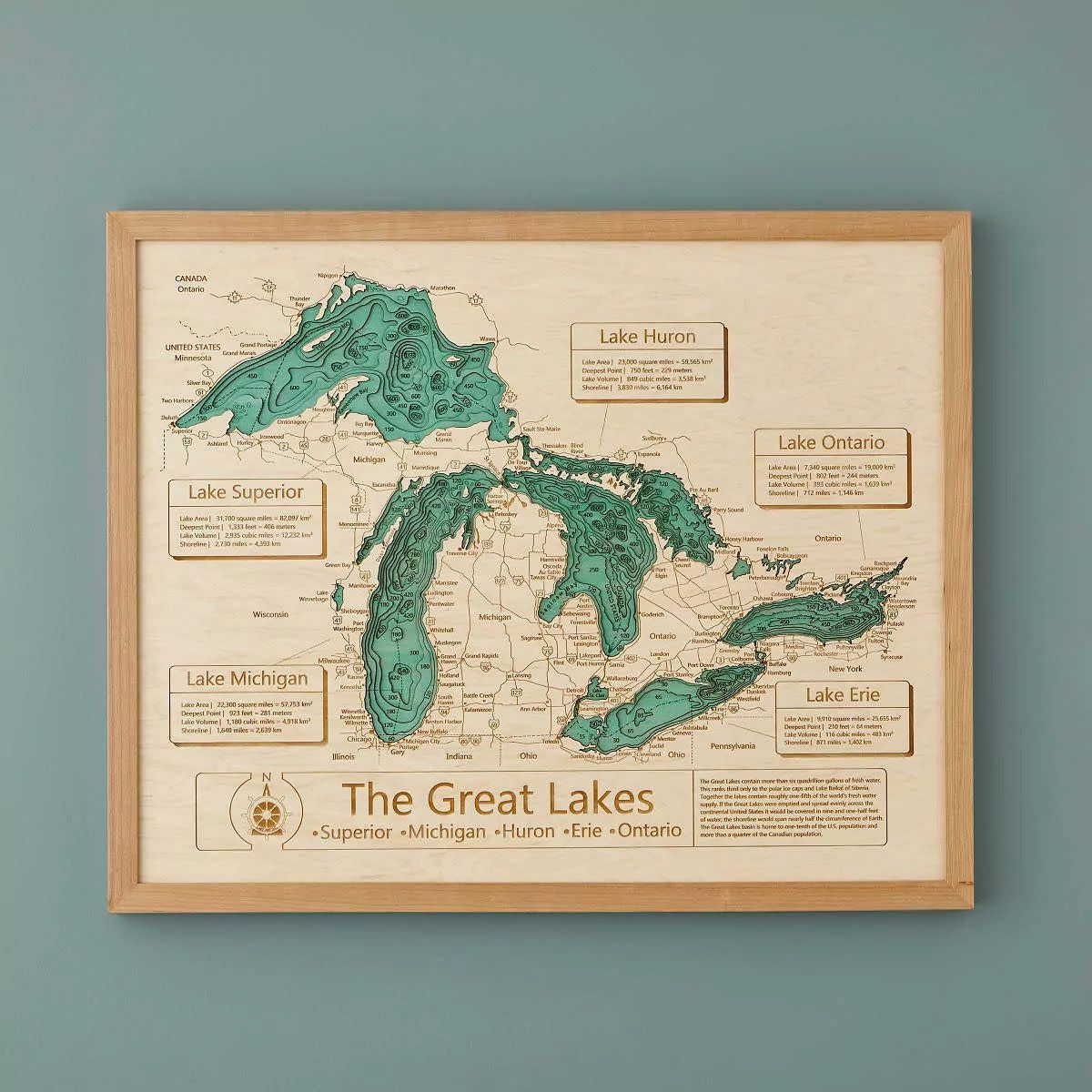 Framed beige and green lake topography art