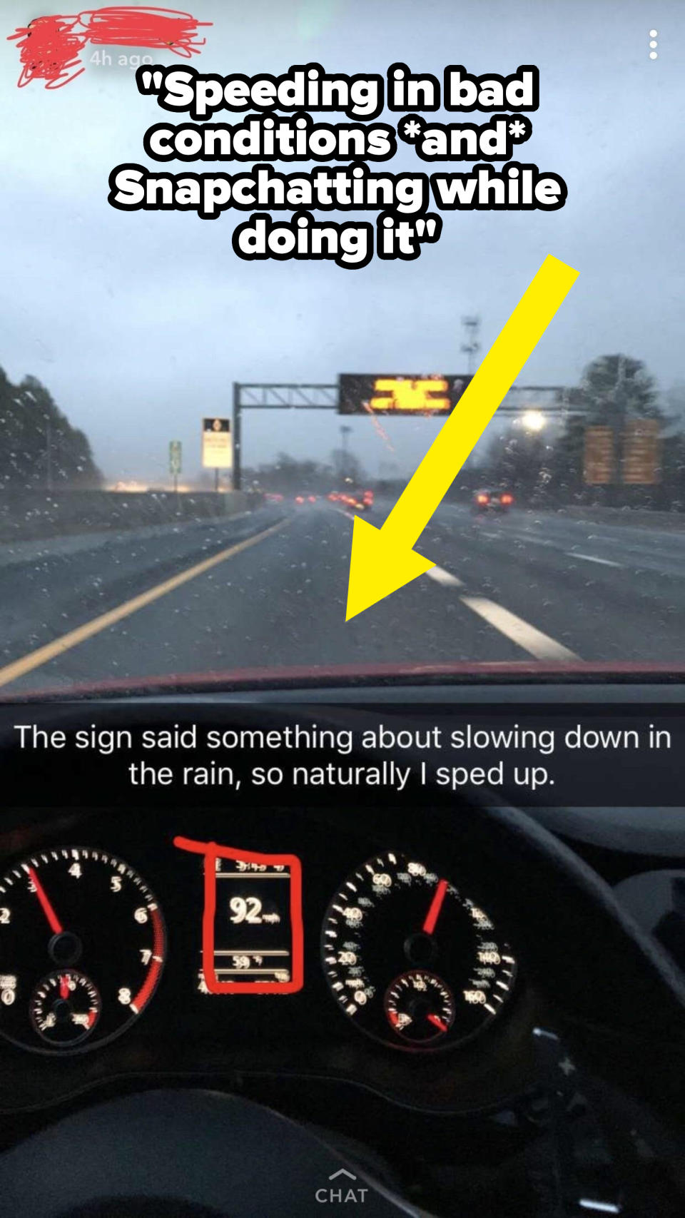 Dashboard showing speedometer at 92 mph, with a highway electronic sign in the rain ahead. Text references intentionally speeding up
