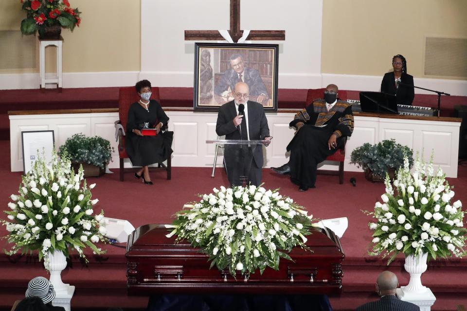 A man speaks during a funeral service for Rev. C.T. Vivian Thursday, July 23, 2020, in Atlanta. (AP Photo/John Bazemore)