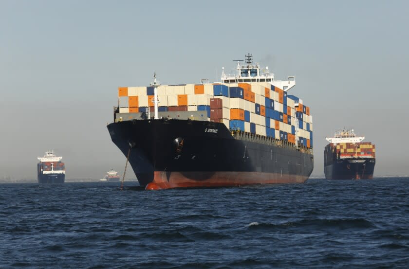 Los Angeles, California-Oct. 13, 2021-Container ships wait outside the Ports of Los Angeles and Long Beach waiting to unload on Oct. 13, 2021. (Carolyn Cole / Los Angeles Times)