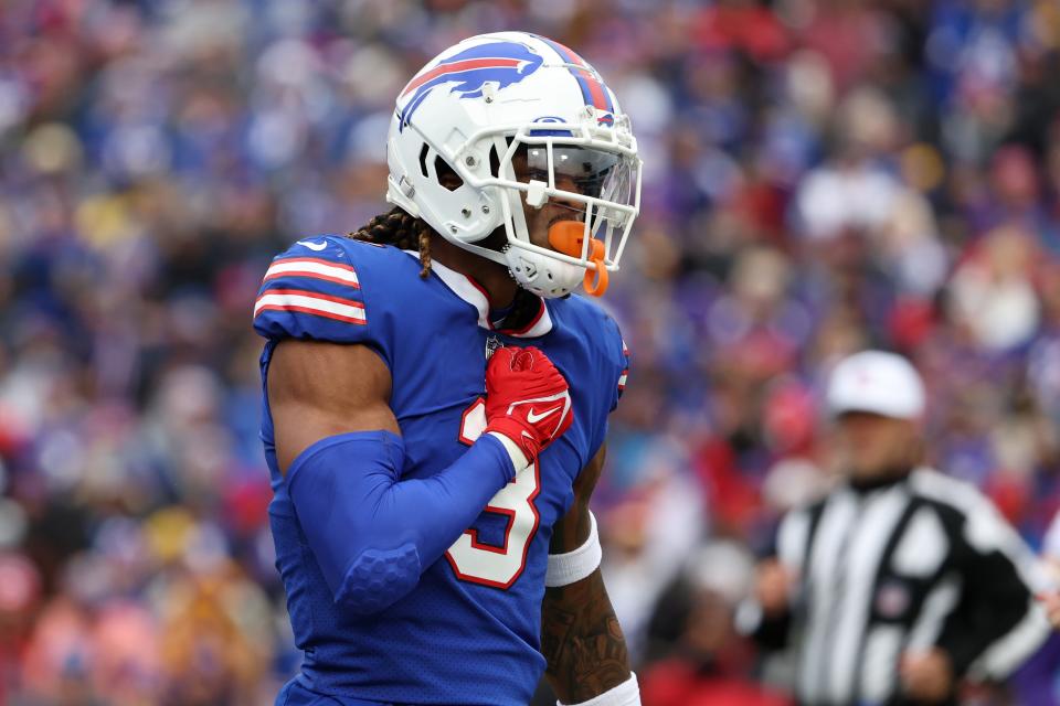 ORCHARD PARK, NEW YORK - NOVEMBER 13: Damar Hamlin #3 of the Buffalo Bills reacts after making a play during the first quarter against the Minnesota Vikings at Highmark Stadium on November 13, 2022 in Orchard Park, New York. (Photo by Timothy T Ludwig/Getty Images)