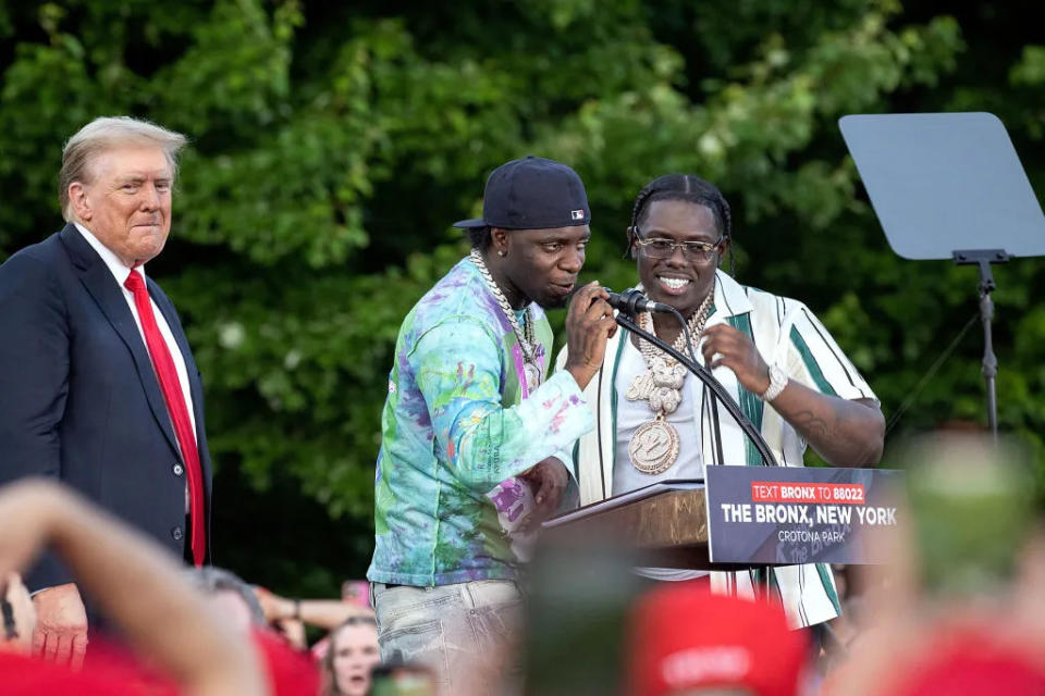 Donald Trump is endorsed by rappers Sheff G and Sleepy Hallow Speaks at a campaign event on May 23, 2024 in New York City. (Photo by Steven Ferdman/GC Images)