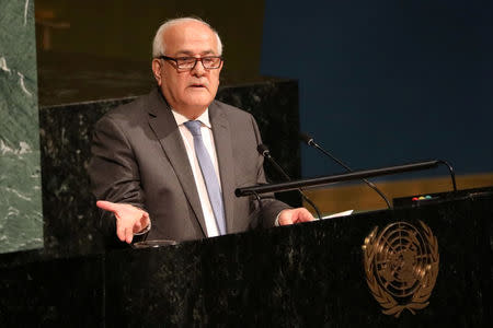 Palestinian Ambassador to the United Nations Riyad Mansour addresses a United Nations General Assembly meeting ahead of a vote on a draft resolution that would deplore the use of excessive force by Israeli troops against Palestinian civilians at U.N. headquarters in New York, U.S., June 13, 2018. REUTERS/Mike Segar