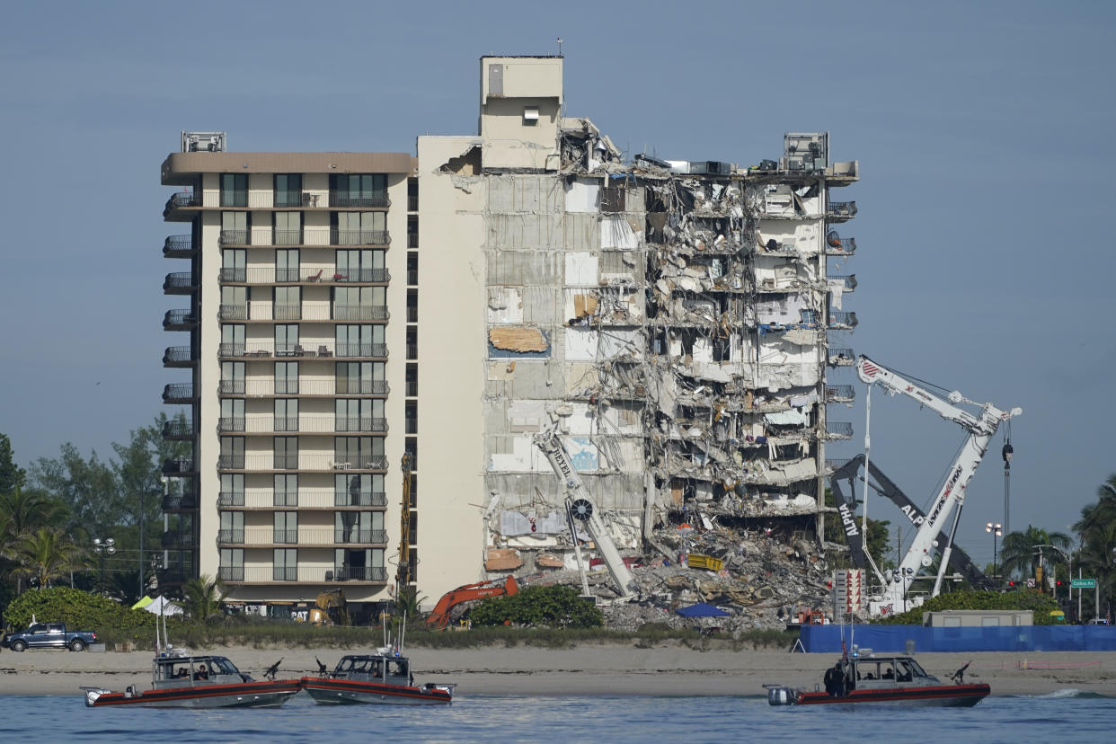 A view of the partially collapsed building in Surfside, Fla., Thursday. (AP Photo/Mark Humphrey)