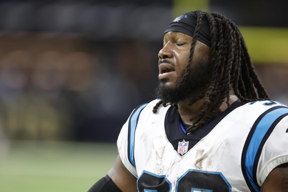 Carolina Panthers running back D'Onta Foreman react after being ejected during the second half an NFL football game between the Carolina Panthers and the New Orleans Saints in New Orleans, Sunday, Jan. 8, 2023. (AP Photo/Butch Dill)