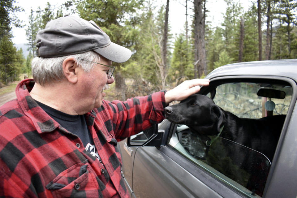 Paul Resch is seen petting his dog Mr. Bojangles after taking a walk near Parmenter Creek, Thursday, April 4, 2024 near Libby, Mont. Resch has an asbestos related disease that’s severely scarred his lungs. He tries to stay in shape to keep his breathing capacity from deteriorating. As a child Resch played baseball on a field constructed out of asbestos-tainted vermiculite and used to play inside storage bins for the material at Libby’s railyard. (AP Photo/Matthew Brown)