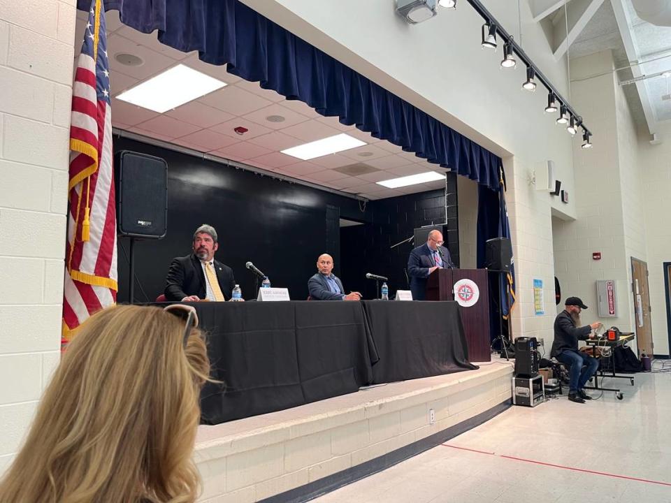 Jerry Ashmore, left, and Jorge Guerrero prepare for a candidates debate on Monday, Oct. 16 at the Port Royal elementary school. The two candidates are running for two uncontested seats on the Town Council.