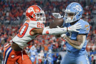 Clemson cornerback Nate Wiggins (20) breaks up a pass intended for North Carolina wide receiver Antoine Green (3) in the end zone in the first half during the Atlantic Coast Conference championship NCAA college football game on Saturday, Dec. 3, 2022, in Charlotte, N.C. (AP Photo/Jacob Kupferman)