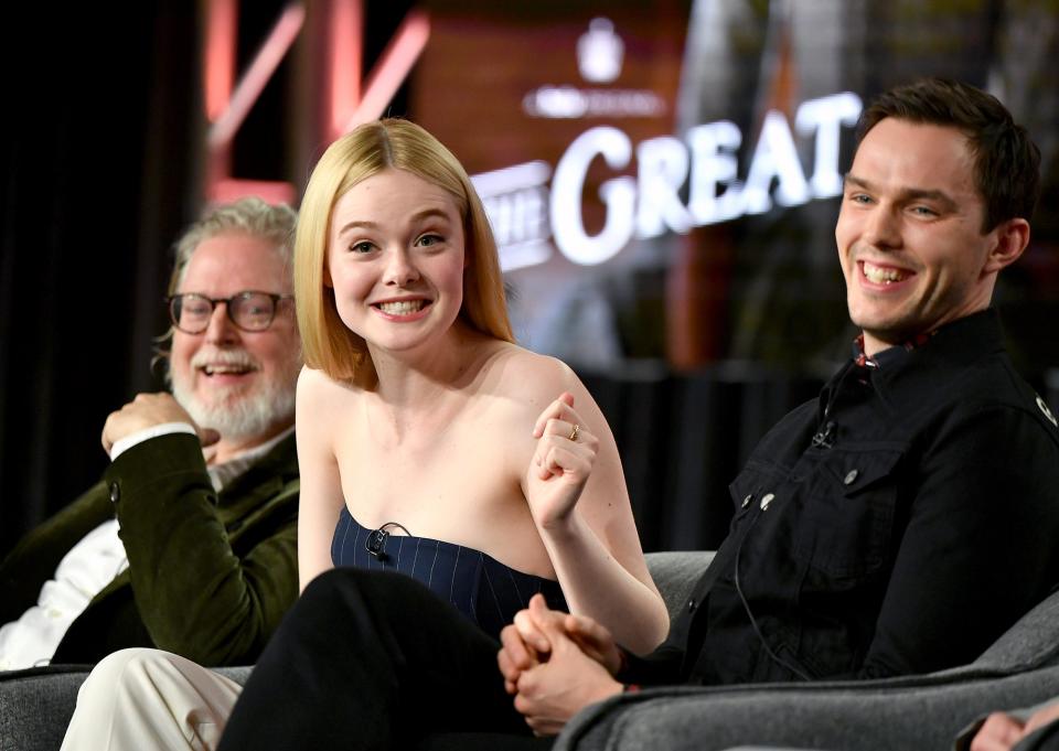 Elle Fanning gets animated on Friday while speaking with <em>The Great</em> writer Tony McNamara and costar Nicholas Hoult during the Hulu segment of the 2020 Winter TCA Press Tour at The Langham Huntington in Pasadena, California.