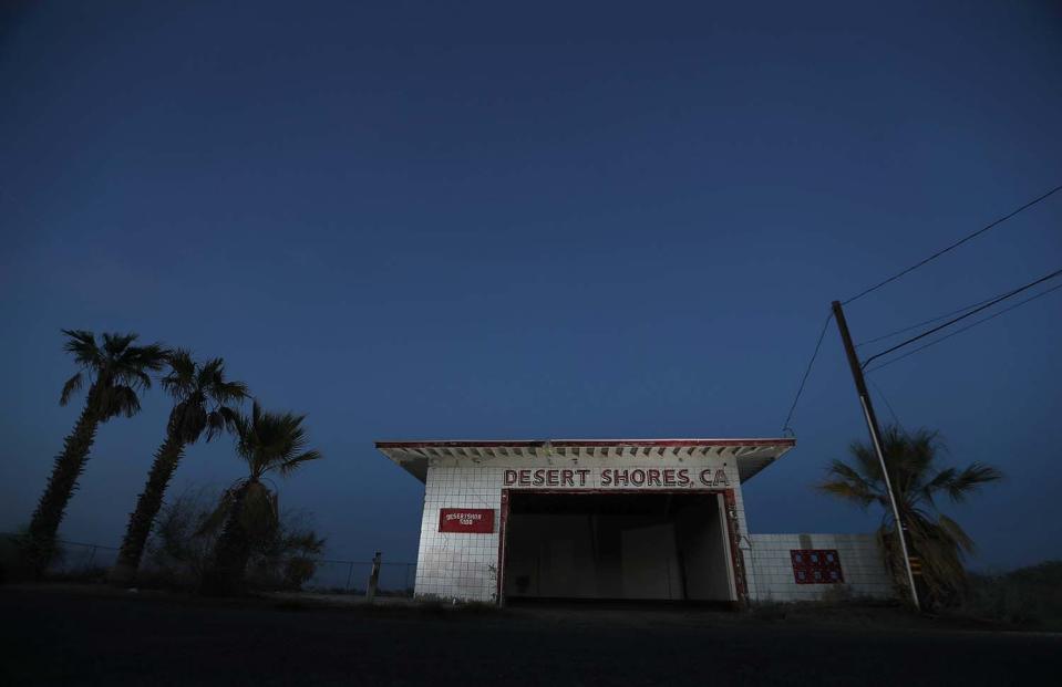 An abandoned building stands on the site of a former waterfront community on the western side of the Salton Sea.