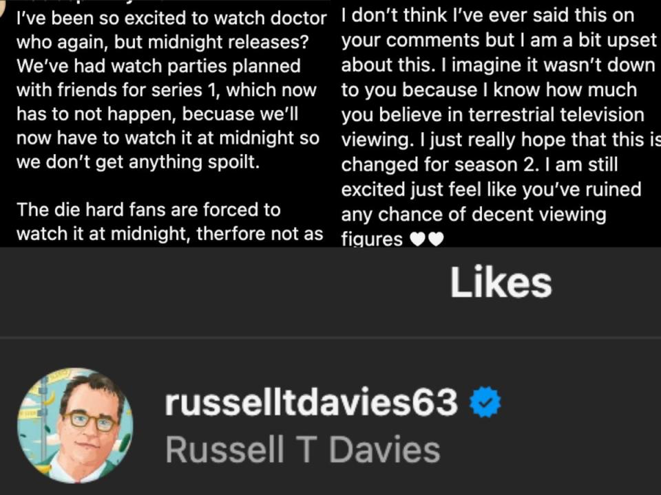 Russell T Davies likes posts criticising ‘Doctor Who’ episode rollout (Instagram)