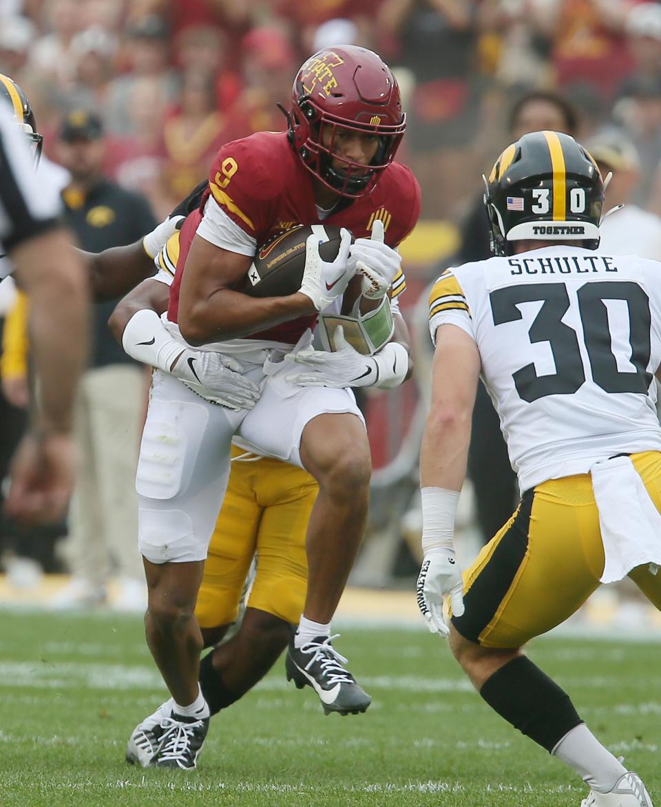 Iowa State wide receiver Jayden Higgins makes a catch against Iowa during the first quarter of the Cy-Hawk game Sept. 9 in Ames.