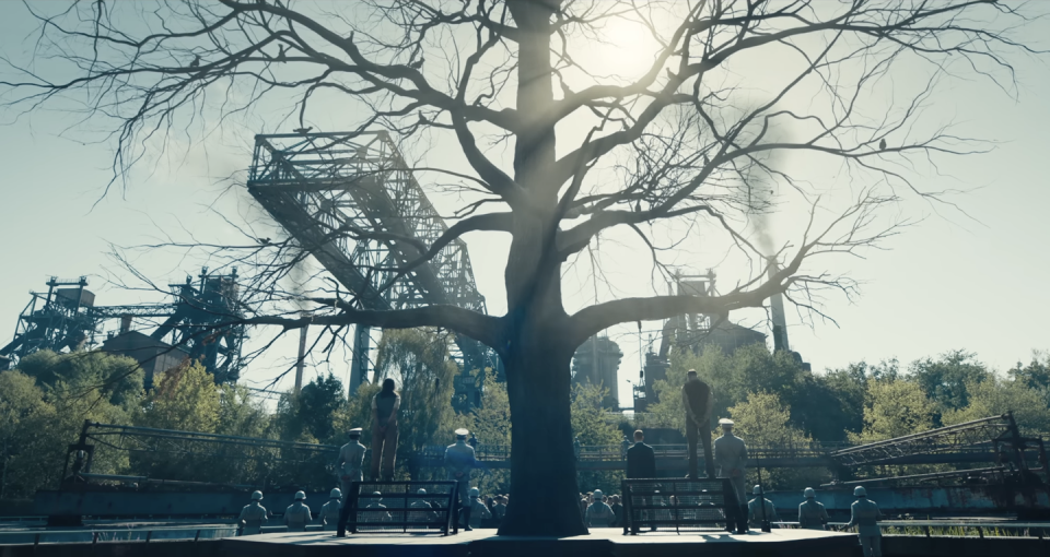 a group of people standing around a tree