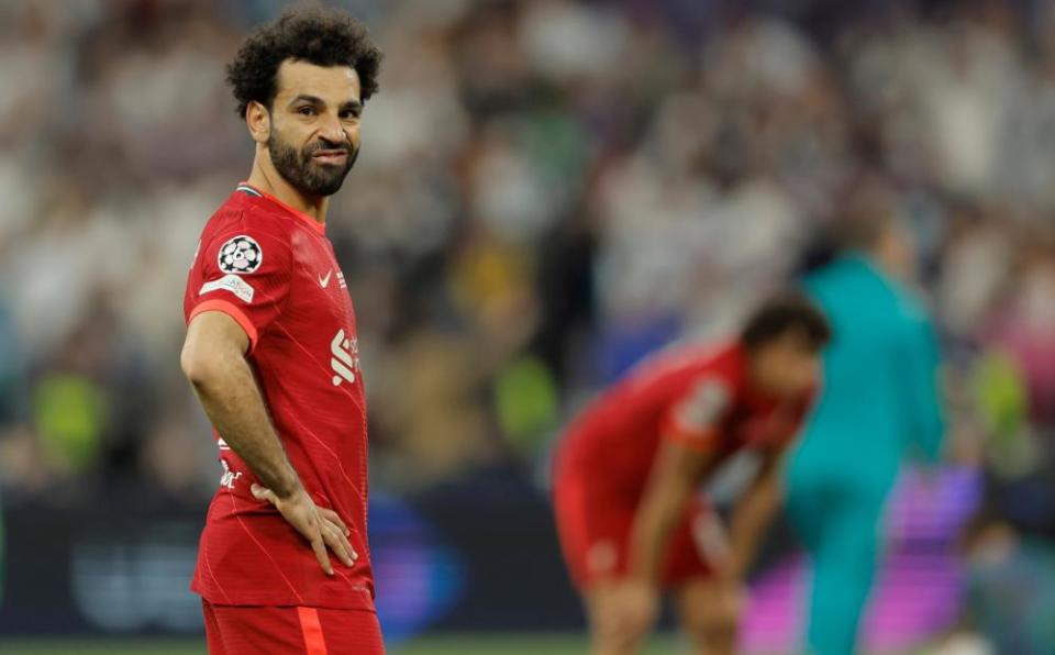 Liverpool’s Mohamed Salah shows his disappointment after the final whistle in Paris – he was unable to take a huge chance to equalise late on.