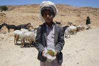 <p>Khamir, Amran Governorate, Yemen, April 14, 2017: A 9-year-old shepherd sells qat on the roadside. Qat has taken over much of Yemen’s agricultural sector, with farmers increasingly opting to grow the stimulant leaf over other crops. Children in this area often do not go to school, and instead sell qat in order to support their families. (Photograph by Giles Clarke for UN OCHA/Getty Images) </p>