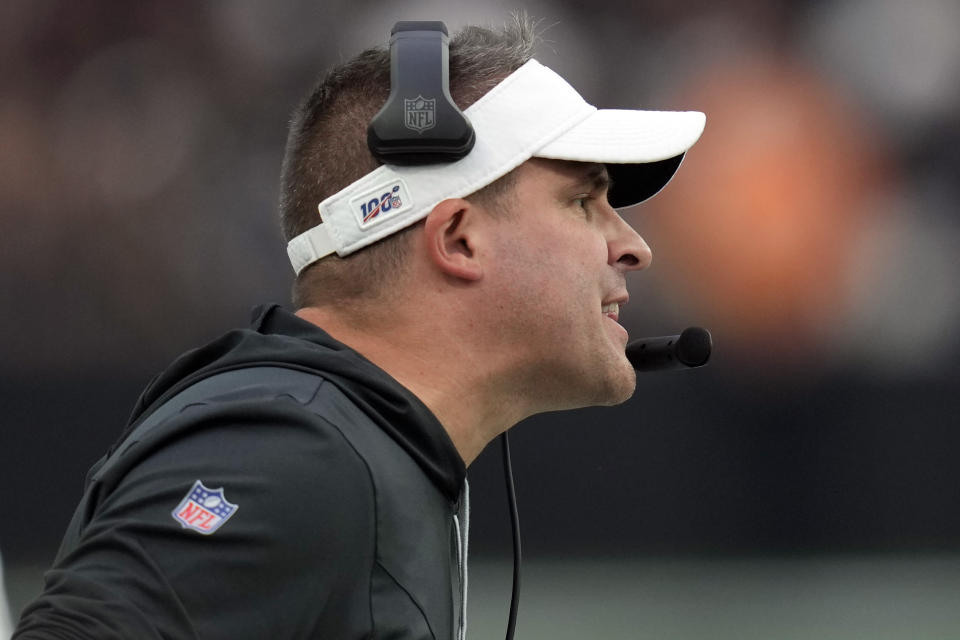 Las Vegas Raiders head coach Josh McDaniels yells from the sideline during the second half of an NFL football game against the Arizona Cardinals Sunday, Sept. 18, 2022, in Las Vegas. (AP Photo/John Locher)