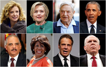 (Top L-R) U.S. Representative Debbie Wasserman Schultz, former Democratic presidential candidate Hillary Clinton, Democratic Party donor George Soros and former U.S. President Barack Obama are pictured along with (Bottom L-R) former U.S. Attorney General Eric Holder, U.S. Congresswoman Maxine Waters, New York Governor Andrew Cuomo and Former CIA director John Brennan in a combination photograph made from Reuters file photos. REUTERS/Files