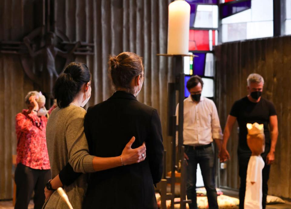 An LGBTQ couple embraces after a pastoral worker blesses them at a Catholic church in Germany, in defiance of practices approved by Rome. <a href="https://www.gettyimages.com/detail/news-photo/chantal-hoeffer-and-ivonne-fuchs-hug-each-other-after-news-photo/1317339092?phrase=catholic%20gay&adppopup=true" rel="nofollow noopener" target="_blank" data-ylk="slk:Andreas Rentz/Getty Images;elm:context_link;itc:0;sec:content-canvas" class="link ">Andreas Rentz/Getty Images</a>