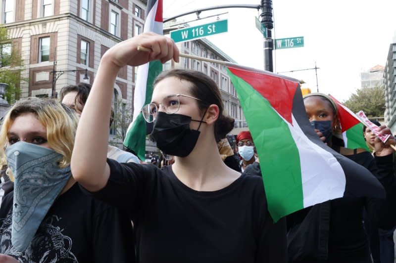 Pro-Palestine protesters gather in front of the Broadway entrance of Columbia University in New York City on Tuesday. By Wednesday, the pro-Palestinian student demonstrators and others who occupied the Hamilton Hall building had been arrested by NYPD. Photo by John Angelillo/UPI