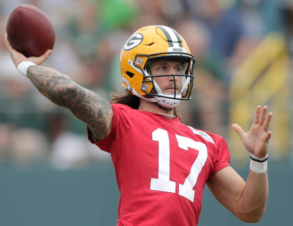 Green Bay Packers quarterback <a class="link " href="https://sports.yahoo.com/nfl/players/31190" data-i13n="sec:content-canvas;subsec:anchor_text;elm:context_link" data-ylk="slk:Alex McGough;sec:content-canvas;subsec:anchor_text;elm:context_link;itc:0">Alex McGough</a> (17) during the first day of practice of theGreen Bay Packers’ 2023 training camp on Wednesday, July 26, 2023 at Ray NitschkeField in Green Bay, Wis. Wm. Glasheen USA TODAY NETWORK-Wisconsin
